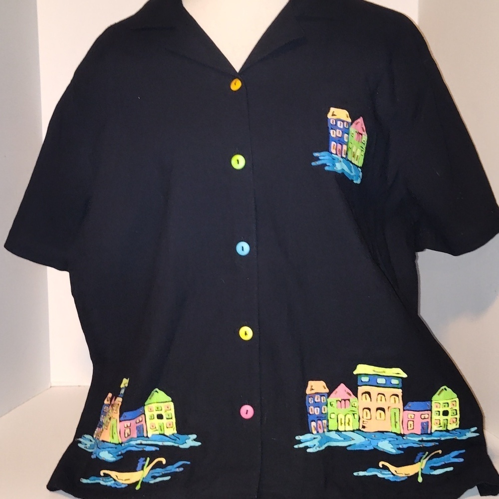 Vintage Jane Ashley But Not Short Sleeve Multi Colorful House Print Venice 1x